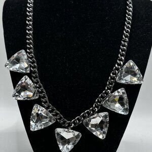 Statement Necklace Gun Metal Gray Chain Clear Glass Faceted Stones 18” 3”ext